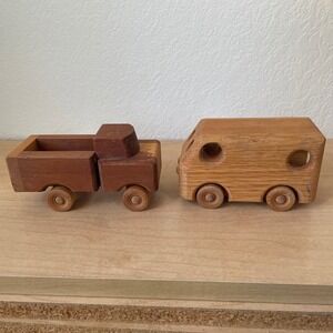 Vintage Handmade Wooden Dump Truck & Delivery Van Bus Toys 5 x 3 inch Wood
